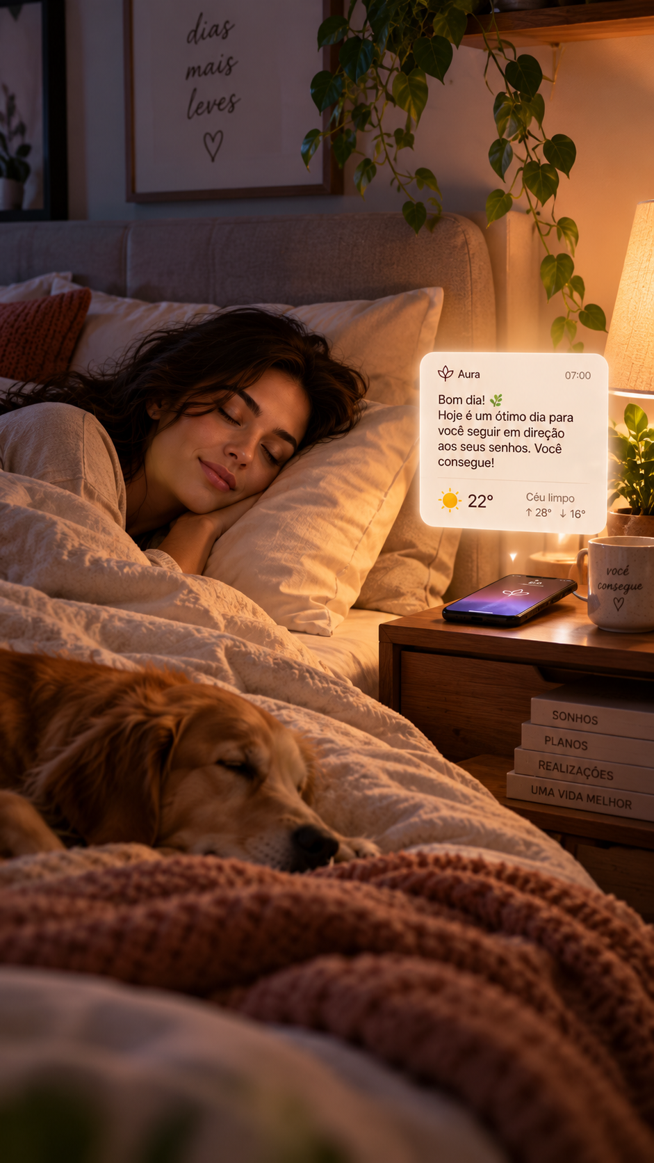Mensagem de bom dia da Aura chegando no celular, ao lado da cama