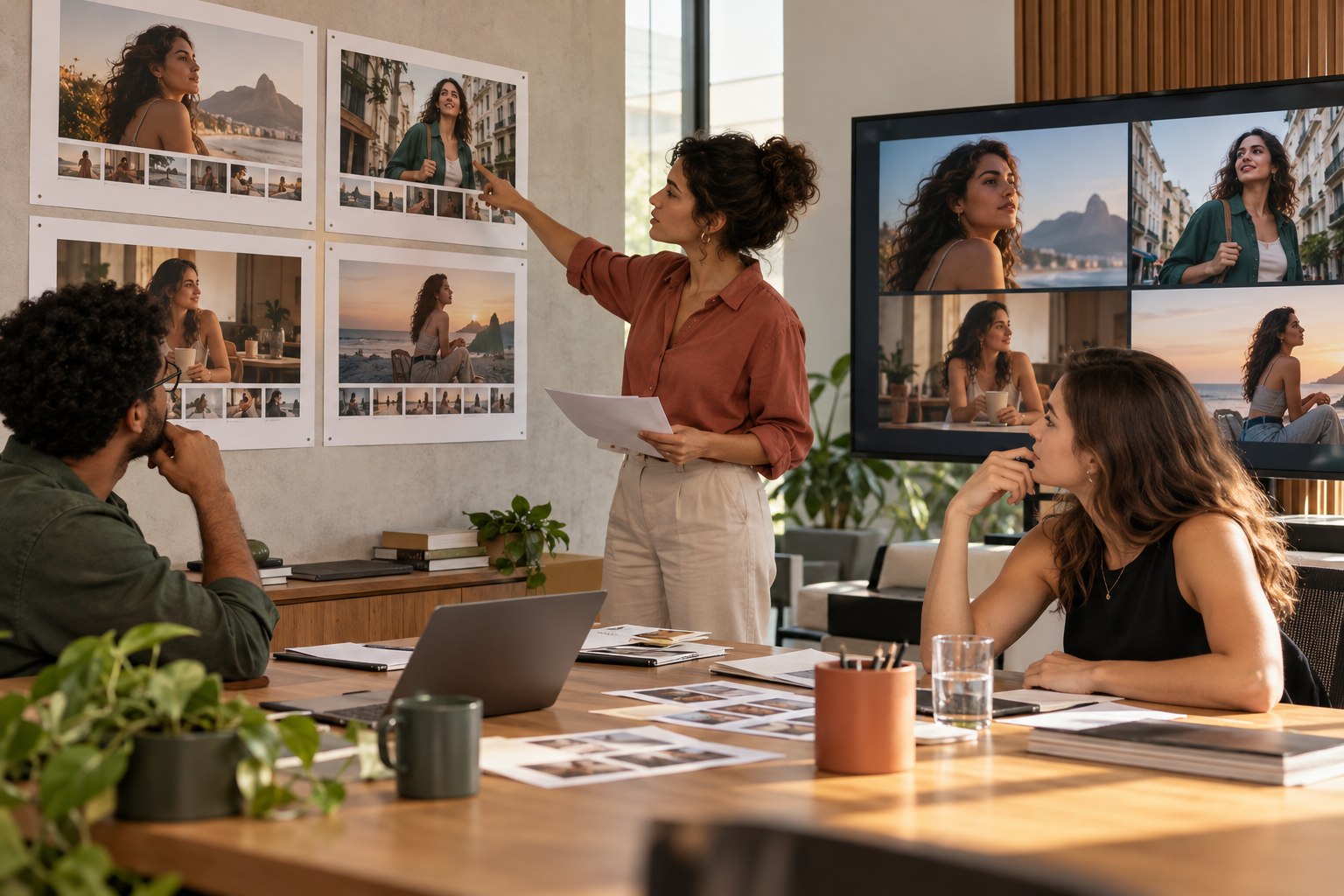 Equipe criativa revisando a continuidade de uma personagem em um storyboard