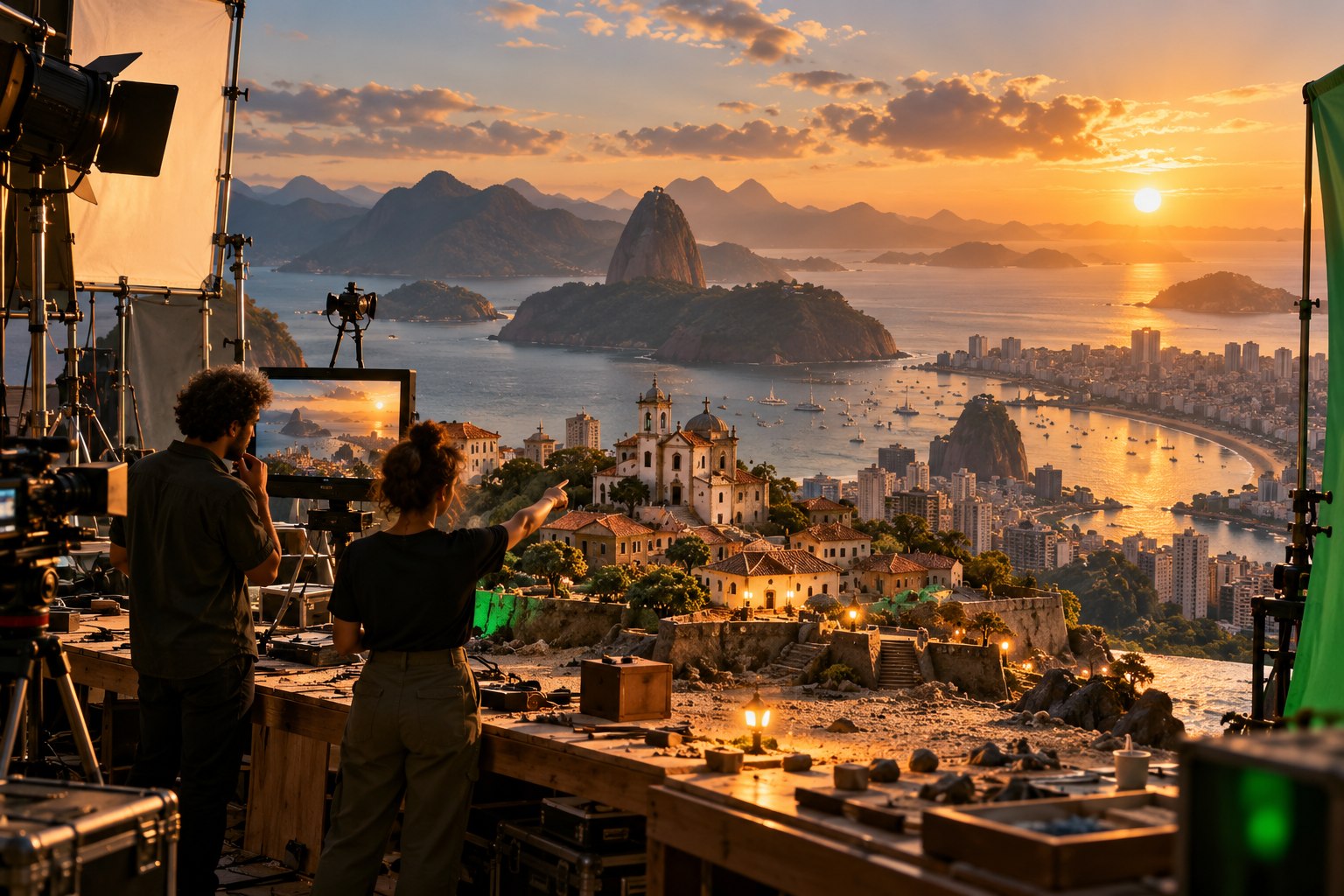 Equipe construindo uma paisagem cinematográfica a partir de um cenário em miniatura