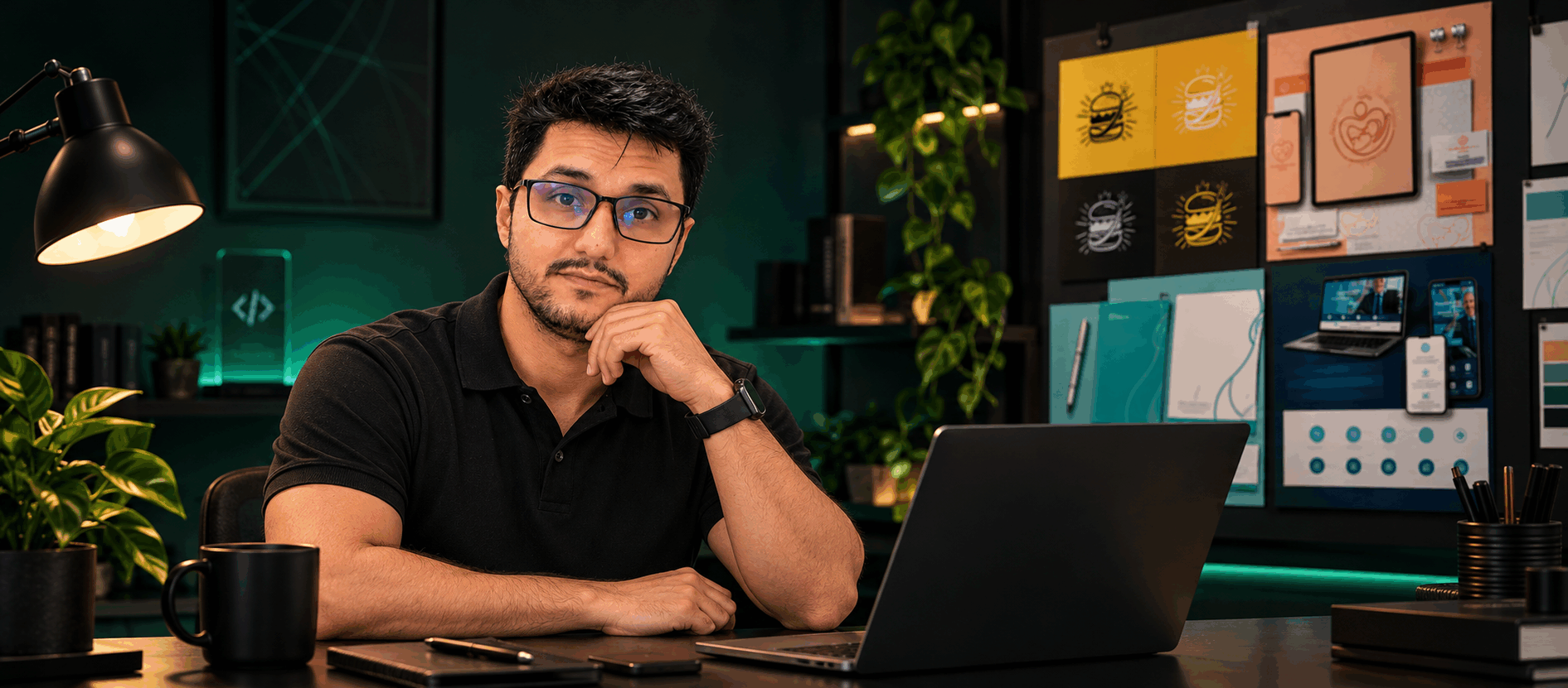Danilo Henrique em seu estúdio criativo, com projetos digitais e de identidade visual ao fundo