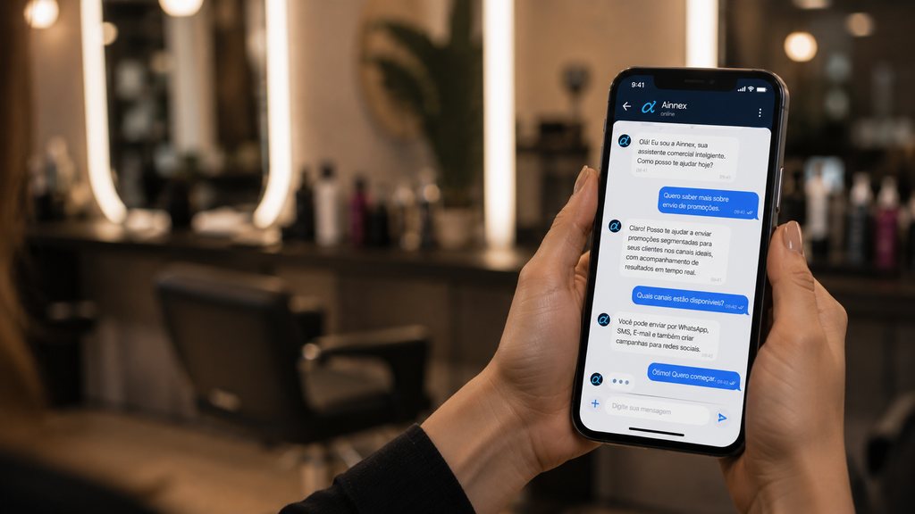 Celular com uma conversa da assistente Ainnex no WhatsApp